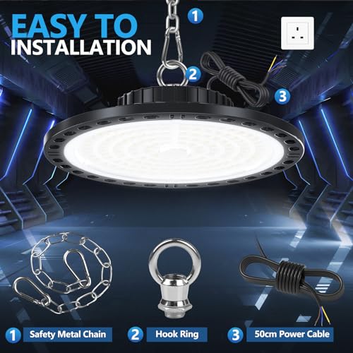 TASINUO UFO LED Lámpara de Alta Bahía 100W, 10000LM Focos Led Interior Techo, 7000K Blanco Frío Lámpara de Garaje, IP65 Impermeable Lámpara de Taller LED Industrial para Garaje Almacén Oficina