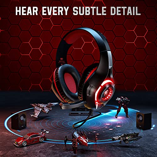 Tatybo Cascos Gaming, Auriculares Gaming con Graves Envolventes 3D, Micrófono Reducción De Ruido Y Almohadillas De Proteína, para PS4 PS5 Xbox PC Laptop (Rojo)