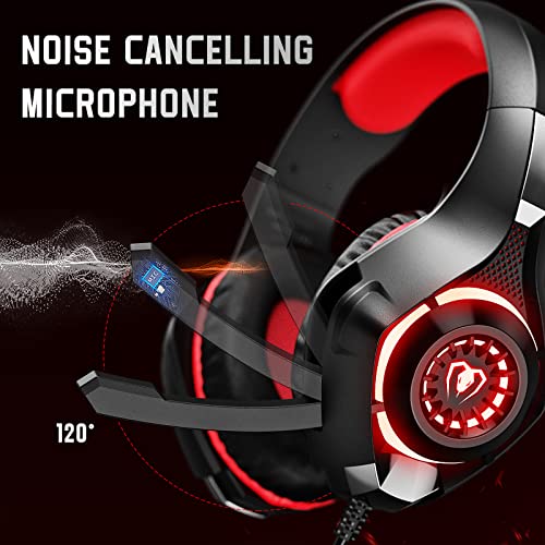 Tatybo Cascos Gaming, Auriculares Gaming con Graves Envolventes 3D, Micrófono Reducción De Ruido Y Almohadillas De Proteína, para PS4 PS5 Xbox PC Laptop (Rojo)