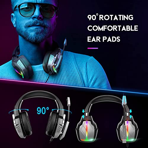 Tatybo Cascos Gaming PS4, Auriculares Gaming con Giratorio de 90° y 4 Modos de Iluminación RGB, Transductores 50mm, Micrófono con Premium Estéreo, Compatibles con PS4, PS5, Xbox One, PC, Switch