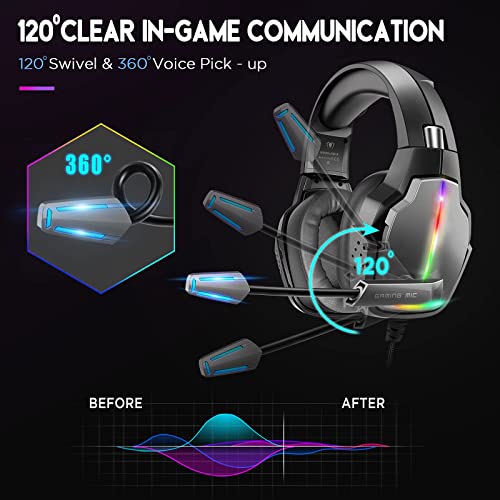 Tatybo Cascos Gaming PS4, Auriculares Gaming con Giratorio de 90° y 4 Modos de Iluminación RGB, Transductores 50mm, Micrófono con Premium Estéreo, Compatibles con PS4, PS5, Xbox One, PC, Switch