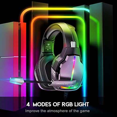 Tatybo Cascos Gaming PS4, Auriculares Gaming con Giratorio de 90° y 4 Modos de Iluminación RGB, Transductores 50mm, Micrófono con Premium Estéreo, Compatibles con PS4, PS5, Xbox One, PC, Switch