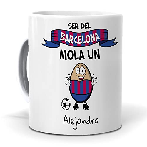 Taza personalizada con texto. Regalo original. Ser del Barcelona mola un huevo con nombres. Haz un regalo único