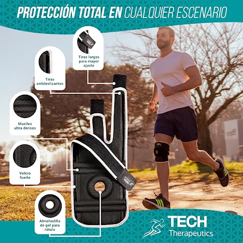 TECH THERAPEUTICS Rodillera Menisco y Ligamento Ortopédica Ajustable con Estabilizadores Laterales y Almohadillas de Gel. Rodillera Rotuliana de Compresión para Artritis, Lesiones, Ligamentos