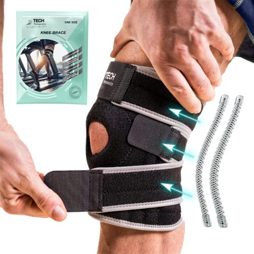 TECH THERAPEUTICS Rodillera Menisco y Ligamento Ortopédica Ajustable con Estabilizadores Laterales y Almohadillas de Gel. Rodillera Rotuliana de Compresión para Artritis, Lesiones, Ligamentos