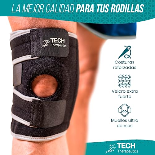 TECH THERAPEUTICS Rodillera Menisco y Ligamento Ortopédica Ajustable con Estabilizadores Laterales y Almohadillas de Gel. Rodillera Rotuliana de Compresión para Artritis, Lesiones, Ligamentos