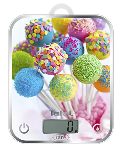 Tefal Optiss Cake Pops BC5121 Báscula de Cocina, extraplana, función Tara, Vidrio Templado y Pilas Incluidas, Multicolor