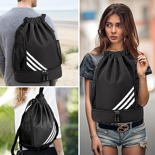 Teklemon Mochila Cuerdas, Mochilas de Cuerdas con Compartimento de Zapatos y Bolsillo Mochila Deporte Grande Bolsa de Cordón Impermeable Mochila Saco de Gimnasio para Mujer Hombre Adolescente