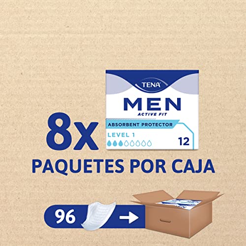 TENA Men Level 1 8x12 - Compresa Protectora y Absorbente para Hombre - Para Incontinencia y Goteo Moderado - Zona de Absorción Mejorada - Máxima Discreción - 96 Unidades - Paquete Mensual