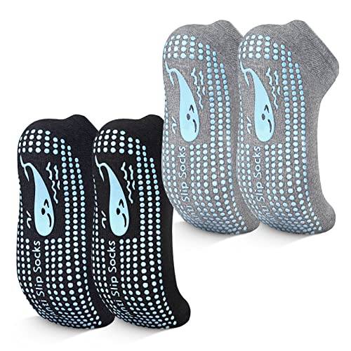 TENQUAN Calcetines Antideslizantes Mujer Hombre Niña Calcetin Antideslizante Tobilleros para Yoga Pilates Casa Gimnasio Deportivos Hospital (2 Pares, Negro Gris Unisex S UK 3-5 / EU 35-38)