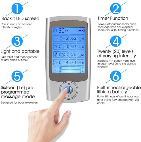 TENS Electroestimulador Digital, para aliviar el Dolor Muscular y el fortalecimiento Muscular, EMS Masaje, Pantalla LCD, 2 Canales, 8 electrodos