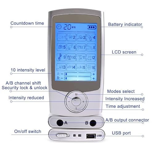 TENS Electroestimulador Digital, para aliviar el Dolor Muscular y el fortalecimiento Muscular, EMS Masaje, Pantalla LCD, 2 Canales, 8 electrodos