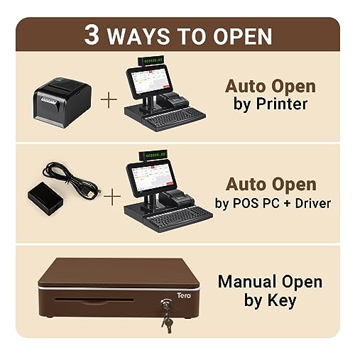 Tera Cajón Cajonera de Moneda y Billetes Apertura Manual y Automática, 4 Compartimentos de Billetes y 8 Monedas, Conexión RJ-12, 42 x 42 cm, POS Restaurant Supermercado, 405R Coffee