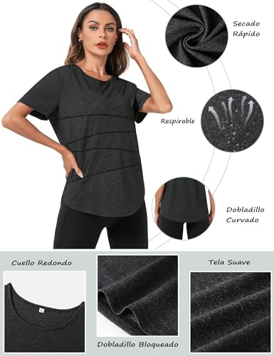 Terecey Camisetas Deporte Manga Corta Mujer Camiseta Tecnica para Mujer Suelta Camiseta Fitness Mujer y Cuello Redondo Camiseta Deportiva de Secado Rápido para Yoga Pilates Negro-XL