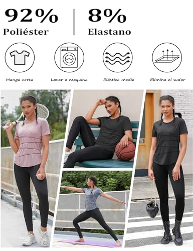 Terecey Camisetas Deporte Manga Corta Mujer Camiseta Tecnica para Mujer Suelta Camiseta Fitness Mujer y Cuello Redondo Camiseta Deportiva de Secado Rápido para Yoga Pilates Negro-XL