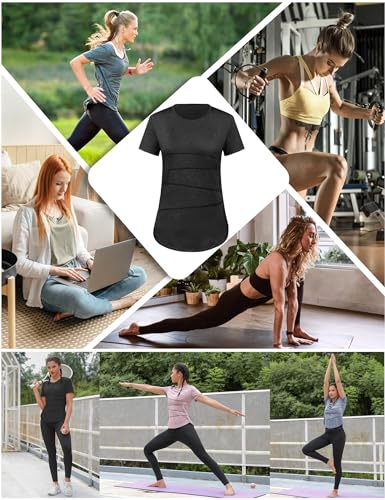 Terecey Camisetas Deporte Manga Corta Mujer Camiseta Tecnica para Mujer Suelta Camiseta Fitness Mujer y Cuello Redondo Camiseta Deportiva de Secado Rápido para Yoga Pilates Negro-XL