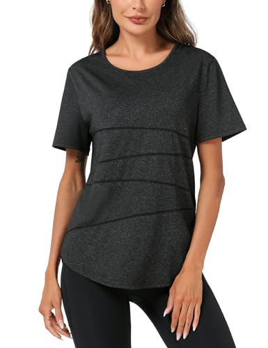 Terecey Camisetas Deporte Manga Corta Mujer Camiseta Tecnica para Mujer Suelta Camiseta Fitness Mujer y Cuello Redondo Camiseta Deportiva de Secado Rápido para Yoga Pilates Negro-XL