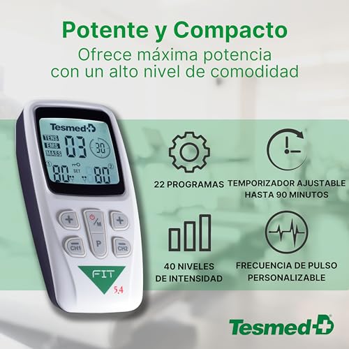 TESMED Fit Electroestimulador Muscular para EMS, TENS, Masaje (3 en 1), 22 Programas de los cuales 6 Personalizables, Aliviar el Dolor y Estimular Abdominales, Glúteos, Pectorales