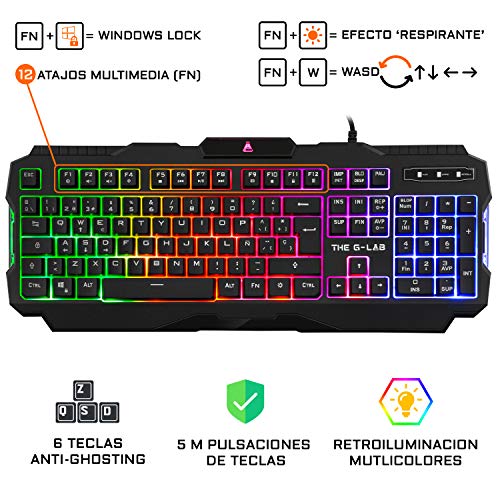 THE G-LAB Combo - Pack Gaming 4 en 1 - Teclado Gaming QWERTY – Incluye Ñ - Retroiluminado, Ratón Gaming de 3200 dpi, Auriculares Gaming, Alfombrilla de Ratón Antideslizante–PC PS4 PS5 Xbox One