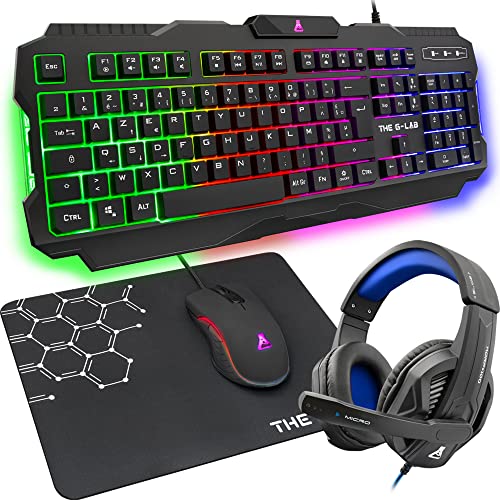 THE G-LAB Combo - Pack Gaming 4 en 1 - Teclado Gaming QWERTY – Incluye Ñ - Retroiluminado, Ratón Gaming de 3200 dpi, Auriculares Gaming, Alfombrilla de Ratón Antideslizante–PC PS4 PS5 Xbox One