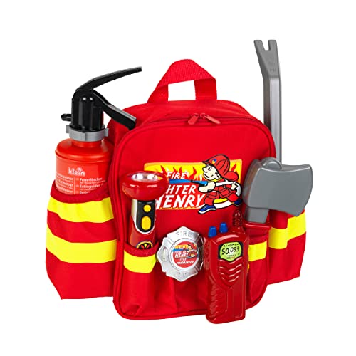 Theo Klein 8900 Mochila de bomberos Fire Fighter Henry, Con linterna a pilas, extintor, Mochila robusta con reflector y correas, Medidas 28 cm x 25 cm x 8.5 cm, Juguete para niños a partir de 3 años