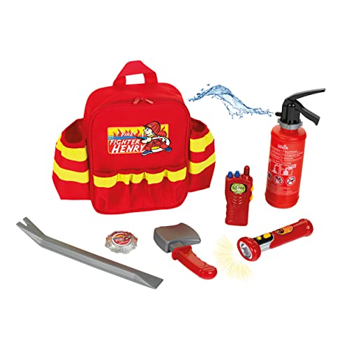 Theo Klein 8900 Mochila de bomberos Fire Fighter Henry, Con linterna a pilas, extintor, Mochila robusta con reflector y correas, Medidas 28 cm x 25 cm x 8.5 cm, Juguete para niños a partir de 3 años