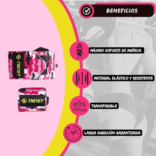 THEYET Muñequeras Deportivas Gym Rosas (1 par) Camo para Cross Training y Fitness | Hombre y Mujer | Protecciones de Muñecas Powerlifting Calistenia Halterofilia Crossfit Barras | Wrist Wraps (Rosa)