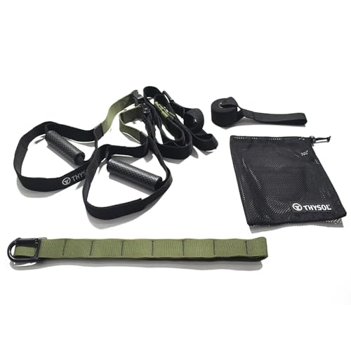 THYSOL Correas de entrenamiento en suspensión Xtreme Straps | Verde Militar | Set con Anclaje Ajustable | Fitness en Casa - Adecuado para Viajar y Entrenar en Interiores y Exteriores