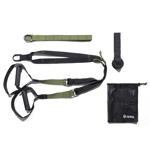 THYSOL Correas de entrenamiento en suspensión Xtreme Straps | Verde Militar | Set con Anclaje Ajustable | Fitness en Casa - Adecuado para Viajar y Entrenar en Interiores y Exteriores