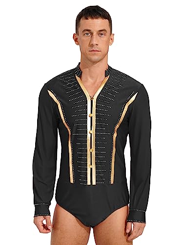 TiaoBug Leotardo de Danza Latina Tango Rumba Patinaje para Hombres Maillot Brillo Manga Larga de Gimnasia Fitness Práctica Bodysuit Monos Cuello en V V Negro M