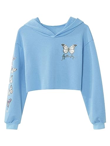 TiaoBug Sudadera con Capucha para Niña Crop Top Mariposa de Manga Larga Camiseta Casual Traje Chándal Ropa Deportiva Ropa de Baile Moderno Azul claro 11-12 años