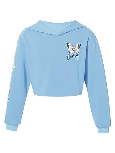 TiaoBug Sudadera con Capucha para Niña Crop Top Mariposa de Manga Larga Camiseta Casual Traje Chándal Ropa Deportiva Ropa de Baile Moderno Azul claro 11-12 años