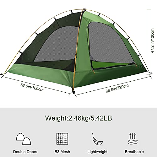 Tienda de campaña para 2-3 Personas con Bolsa de Transporte RYACO - Tiendas de campaña Tipo Domo Ligeras para Adultos, Camping, mochileros y Equipo de Senderismo al Aire Libre, Verde