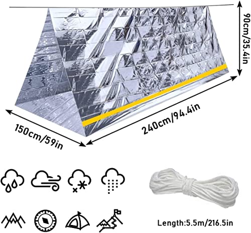 Tienda de Refugio de Supervivencia de Emergencia para 2 Personas + 3 Cuerdas de paracaídas, estacas de Tienda, Barra Luminosa, Silbato | Carpa 100% Impermeable | Ultraligero y Extra Grande