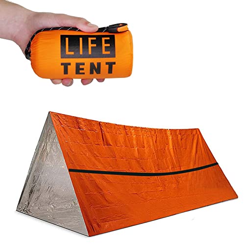 Tienda de Refugio de Supervivencia de Emergencia para 2 Personas + 3 Cuerdas de paracaídas, estacas de Tienda, Barra Luminosa, Silbato | Carpa 100% Impermeable | Ultraligero y Extra Grande