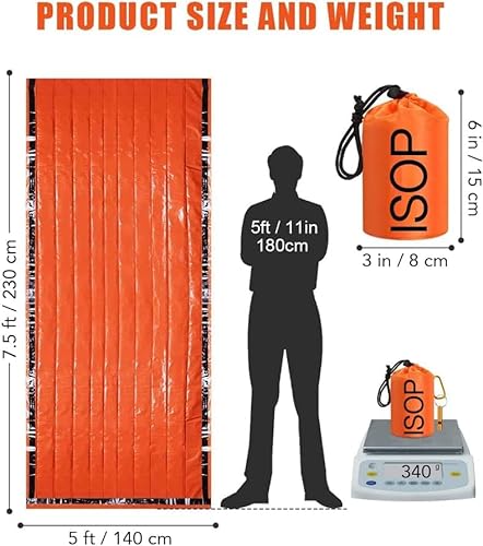 Tienda de Refugio de Supervivencia de Emergencia para 2 Personas + 3 Cuerdas de paracaídas, estacas de Tienda, Barra Luminosa, Silbato | Carpa 100% Impermeable | Ultraligero y Extra Grande