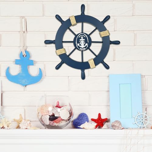 Timón de barco de 28 cm, decoración de timón, ancla de madera para exteriores, decoración de playa, estilo marítimo, remo de barco de madera, decoración de pared, decoración de la puerta (azul marino)