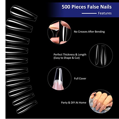 Tips Uñas, 500 Piezas Uñas Postizas Transparentes, 10 Tamaños Gel Nail Tips, Puntas de Uñas Cobertura Total, Uñas Falsas para Salones Uñas, Manicuras DIY, Bailarinas