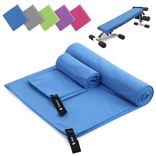 Toalla Microfibra Juego de 2 | 180x60cm Toalla Baño Grande & 80x40cm Toalla Manos Pequeña | Superabsorbente y de Secado Rápido Toalla Gimnasio - Ideal para Viaje, Gym y Camping (Azul)