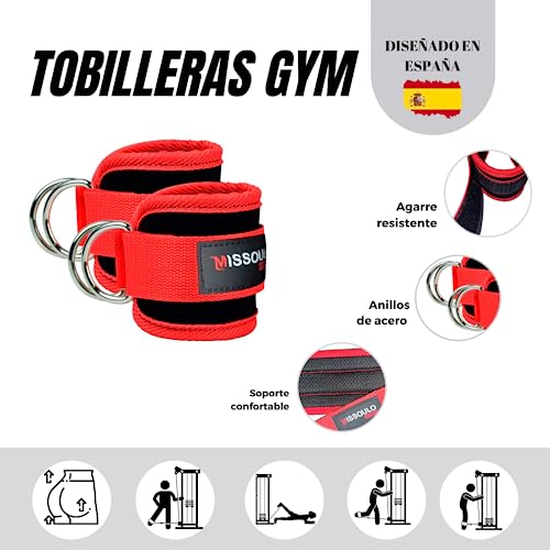 Tobilleras para Poleas, Ideales para Entrenamientos en Gimnasio, Tobilleras Acolchadas con Velcro Resistente. Accesorio Deportivo para Cables de Máquinas Fitness. (Rojo)