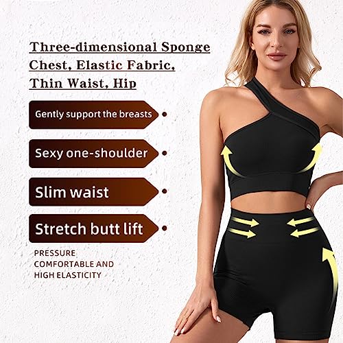 TOEECY Conjunto de 2 Piezas de Yoga para Mujer Un Hombro Fitness Gym Running Pantalones Cortos Deportivos De Cintura Alta Para Correr y Brasier Deportivo Ropa Deportiva Para Gimnasio (Negro,M)