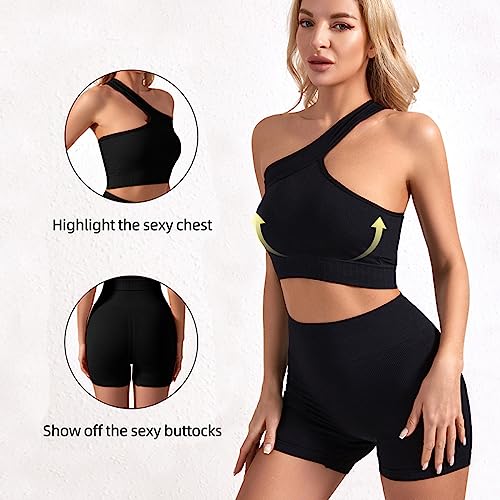 TOEECY Conjunto de 2 Piezas de Yoga para Mujer Un Hombro Fitness Gym Running Pantalones Cortos Deportivos De Cintura Alta Para Correr y Brasier Deportivo Ropa Deportiva Para Gimnasio (Negro,M)