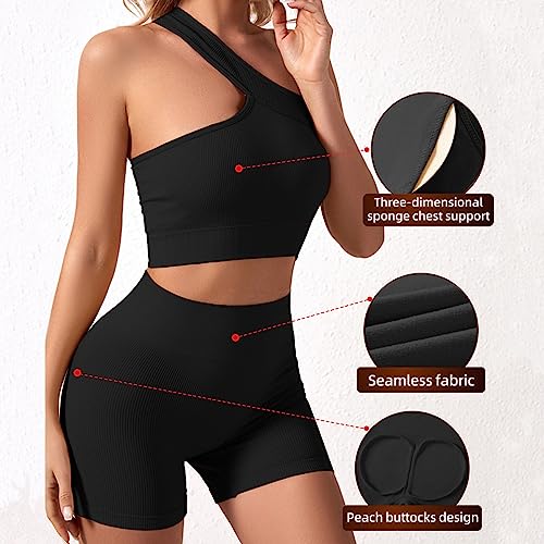 TOEECY Conjunto de 2 Piezas de Yoga para Mujer Un Hombro Fitness Gym Running Pantalones Cortos Deportivos De Cintura Alta Para Correr y Brasier Deportivo Ropa Deportiva Para Gimnasio (Negro,M)