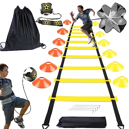 TOFFCAEA Accesorios De Entrenamiento De Fútbol, Escalera De Coordinación, con 12 Conos, Paracaídas para Fútbol, Entrenador De Patadas De Fútbol, Entrenamiento De Fútbol para Niños Y Adultos