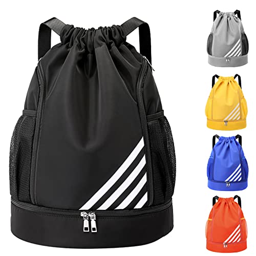 Tokeya Bolsas de Cuerdas Hombre Mochila Cuerdas Impermeable Saco de Gimnasia con Compartimento de Zapatos y Bolsillo Ligera Mochila de Playa para Senderismo Natacion Fitness Baloncesto, Negro