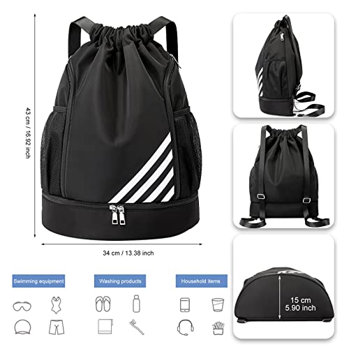 Tokeya Bolsas de Cuerdas Hombre Mochila Cuerdas Impermeable Saco de Gimnasia con Compartimento de Zapatos y Bolsillo Ligera Mochila de Playa para Senderismo Natacion Fitness Baloncesto, Negro