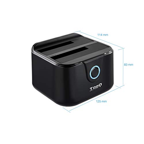 TooQ TQDS-802B - Base de conexion Docking Station con Doble Bahia SATA para Discos de 2.5" y 3.5", USB 3.0 y USB 2.0 Host, Funcion Clone Offline, Color Negro