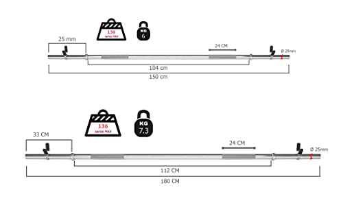 Toorx - Barra de pesas cromada de 150 cm o 180 cm de diámetro. 25 mm Cierre de resorte (150 cm)