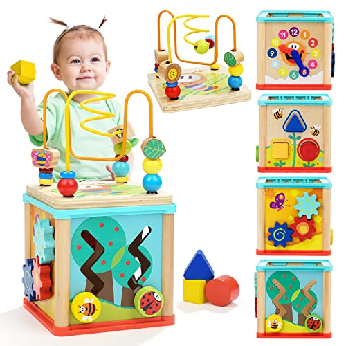 TOP BRIGHT Cubo de Actividad Juguetes para bebés educativos de Madera Laberinto de Cuentas clasificador de Formas niñas de 1 año Regalo tamaño pequeño, 5 en 1, Color, S (Sun Top 43235-209490)