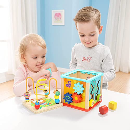 TOP BRIGHT Cubo de Actividad Juguetes para bebés educativos de Madera Laberinto de Cuentas clasificador de Formas niñas de 1 año Regalo tamaño pequeño, 5 en 1, Color, S (Sun Top 43235-209490)